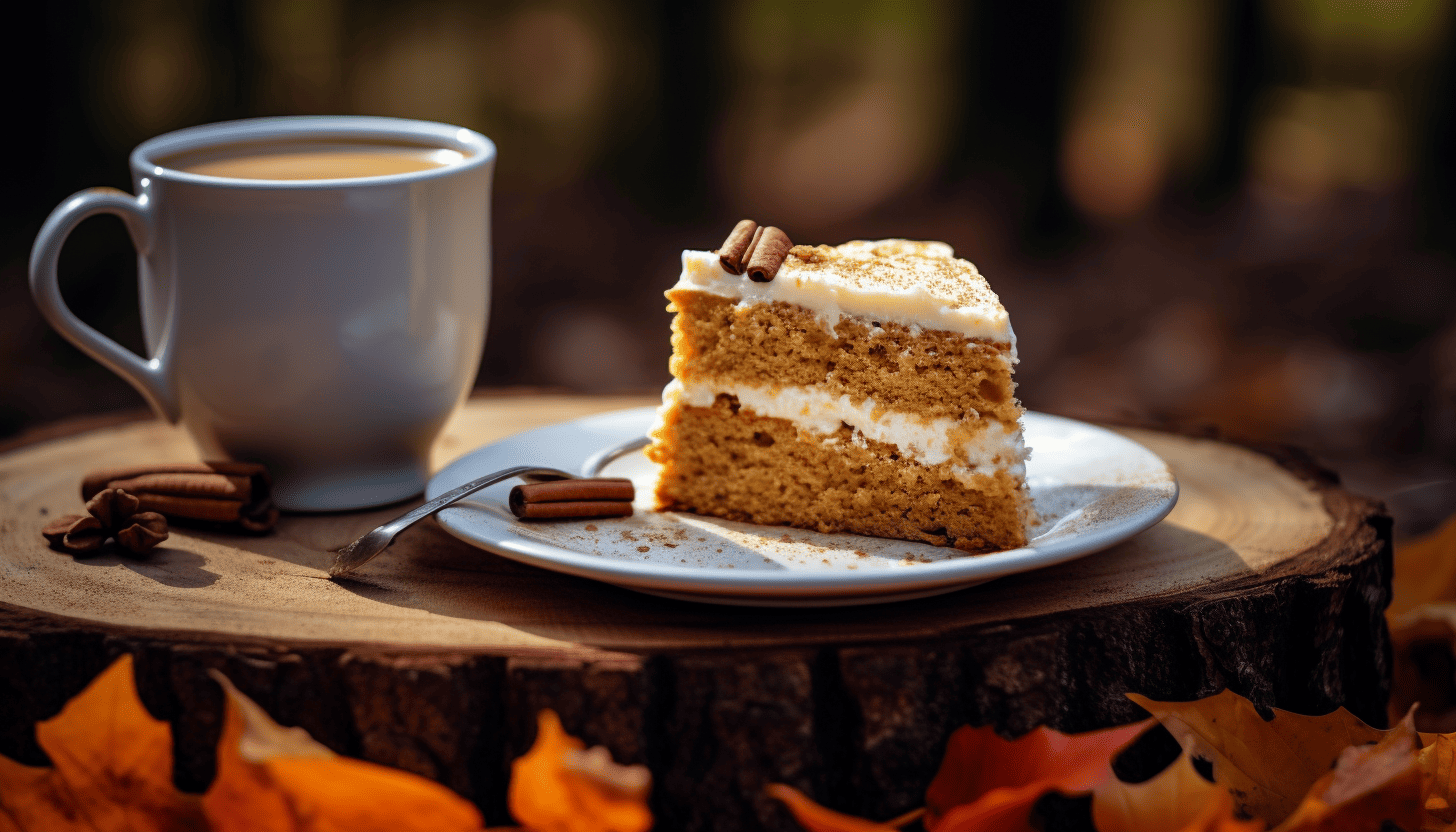 A piece of the assembled Pumpkin Cake with White Chocolate Mousse on a rustic wooden plate highlighted by autumn leaves and a cup of latte in the background, envisioned in 8k quality shot with Leica M6 TTL, Cinestill 800T.