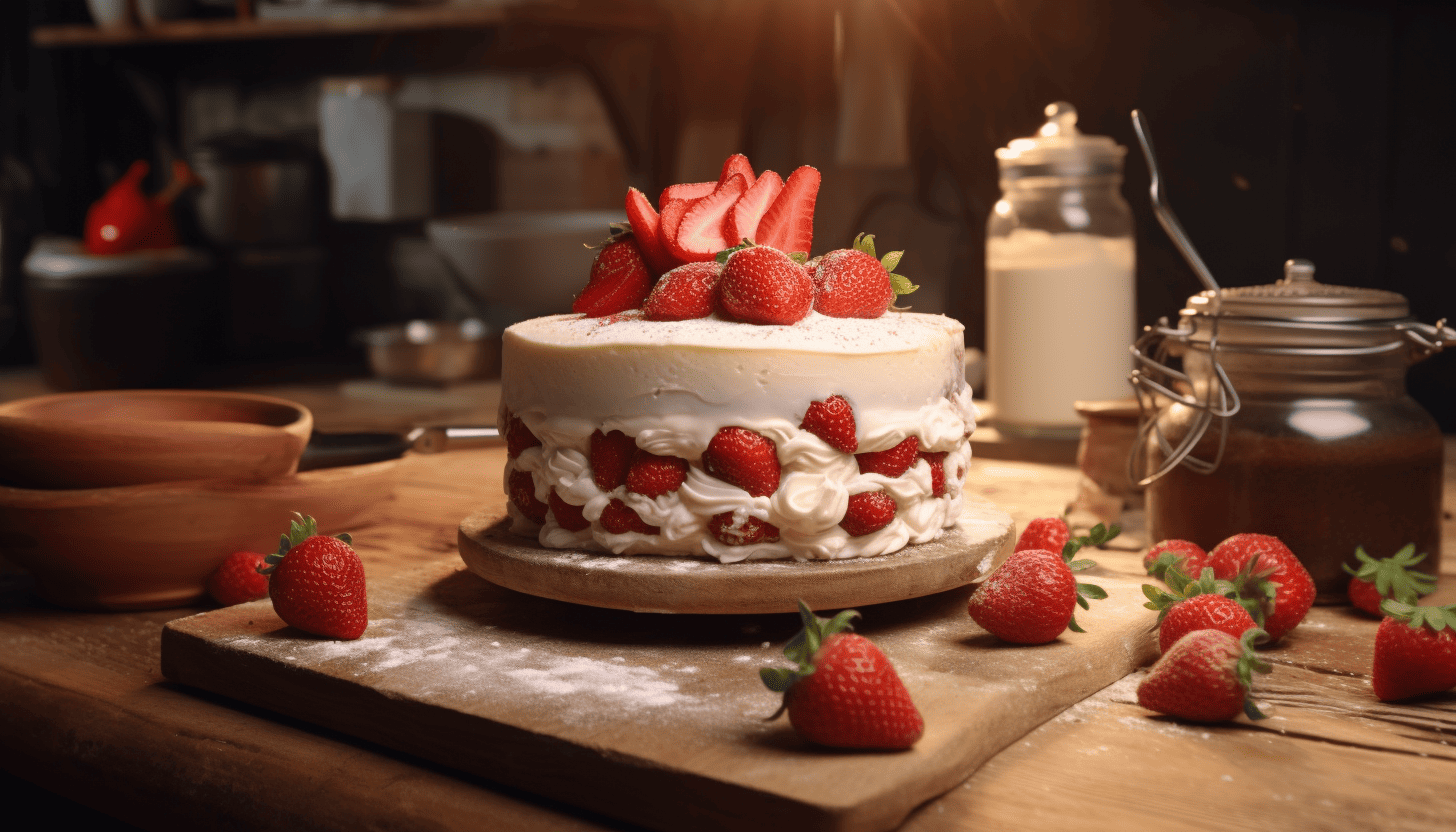 Materials and Ingredients for Strawberry Cake with White Chocolate Cream on a wooden countertop, rendered in 8K, adding an element of fog for a moody vibe, shot with GoPro