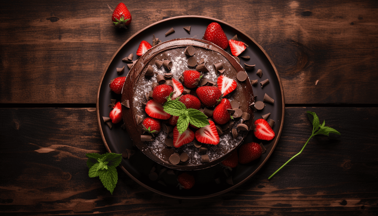 A stunning, 8k quality, overhead shot of the Strawberry Dark Chocolate Truffle Cake on a rustic wooden table accompanied by fresh strawberries and dark chocolate chunks. The image is well lit and showcases the rich texture and vibrant color of the cake. Shot with a GoPro.