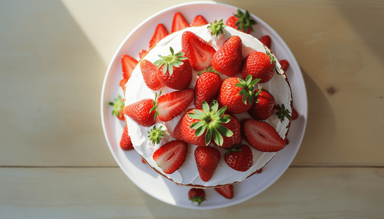 Top view of a Strawberry-Lemonade Cake beautifully presented on a white cake stand with fresh strawberries on top, rendering in 8K, adding an element of natural light for a tasty vibe, shot with GoPro.