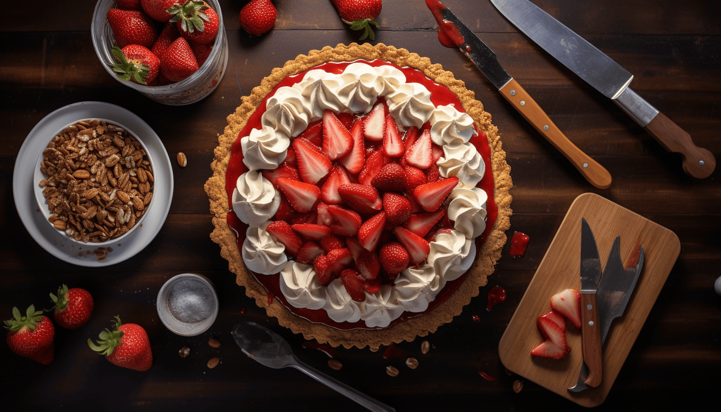 An overhead view of a fully set Strawberry Pretzel Pie with a knife on the side, showing all the layers distinctly, the pie stand, and a mason jar of fresh strawberries right next to it, creating a wholesome baking ambiance, rendered in 8K, shot with GoPro.