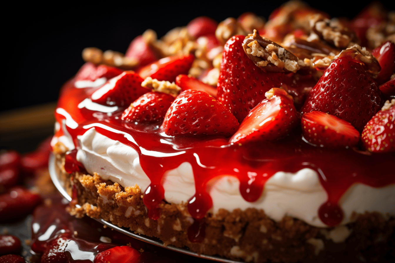 Close-up of a whole Strawberry Pretzel Pie just out of the refrigerator, highlighting the glistening strawberry Jell-O layer, the creamy middle layer, and the golden brown pretzel crust at the bottom, intricately crafted, 8k quality, shot with Leica M6 TTL & Leica 75mm 2.0 Summicron-M ASPH, Cinestill 800T.