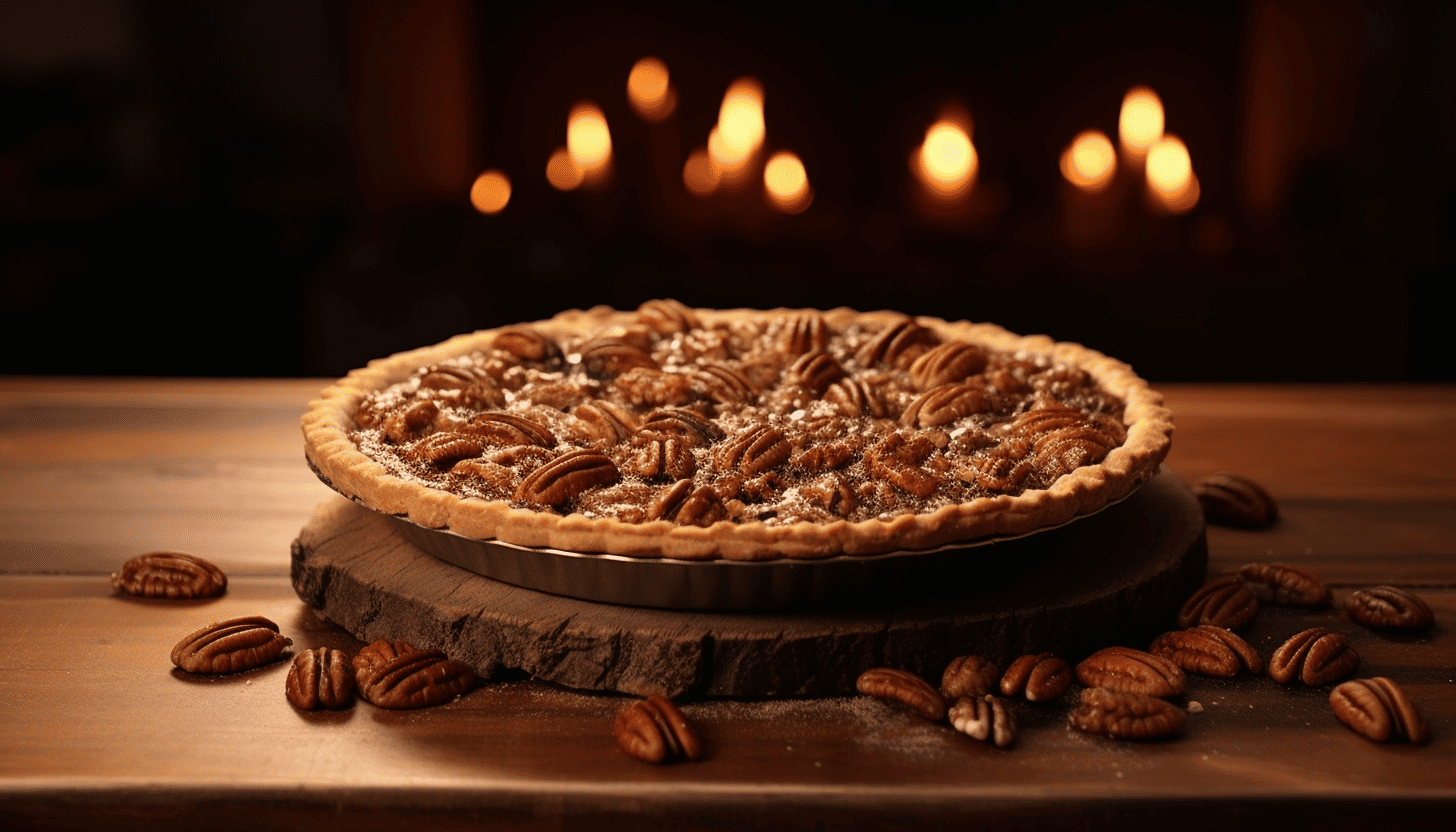 Prompt="A fresh baked pecan pie on an aged wooden table, detailed and radiant, shot in moody 8K quality and warmth, with finely etched grain detailing, captured with GoPro."