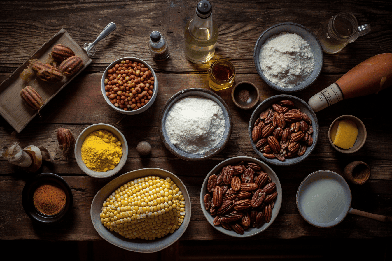 Overhead views of fresh pecans, corn syrup, beaten eggs, and other ingredients laid out neatly on a wooden table, captured precisely in 8k quality and detail, shot with Leica M6 TTL, Leica 75mm 2.0 Summicron-M ASPH, Cinestill 800T