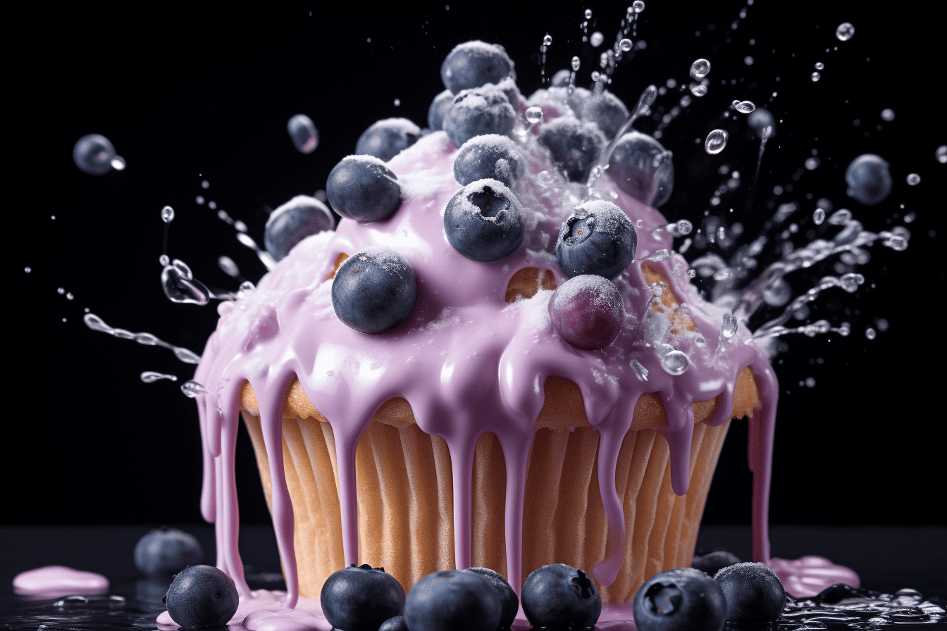 Plump blueberries tumbling into fluffy waffle cupcake batter, high-resolution, 8k quality, shot with Leica M6 TTL, Leica 75mm 2.0 Summicron-M ASPH, Cinestill 800T