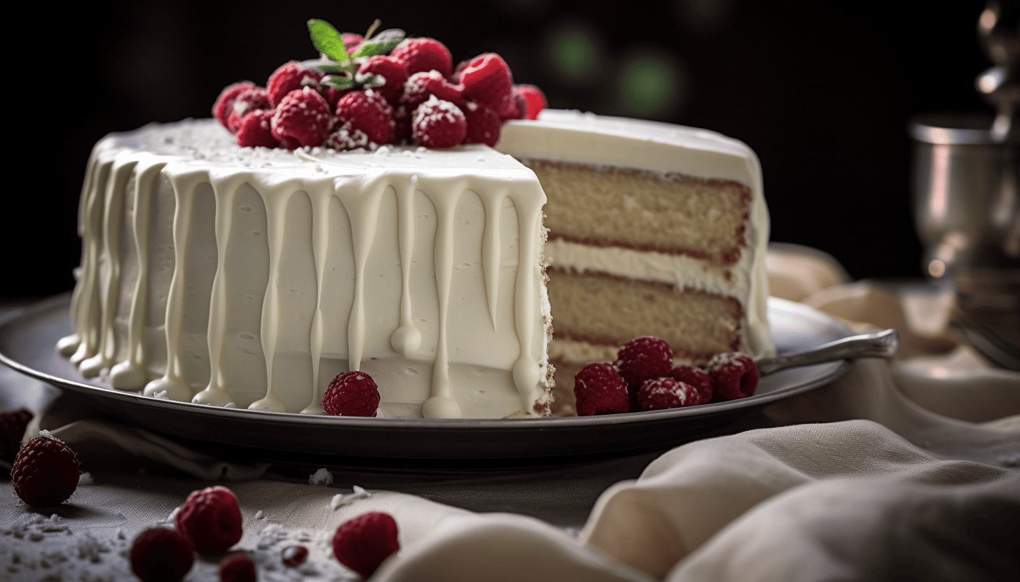 Anticipating the first bite, a close-up of the sumptuous white frosting of the White Chocolate Baileys Cake, beautifully composed, shot with Leica M6 TTL, Leica 75mm 2.0 Summicron-M ASPH, Cinestill 800T, printed on Moab Entrada Bright White Rag 300gsm, which embodies the tempting indulgence and the detailed work of the cooking process behind.