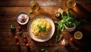 An overhead shot of Spaghetti Aglio e Olio on a rustic wooden table with ingredients around it, all of it intricately crafted, 8k quality, shot with Leica M6 TTL & Leica 75mm 2.0 Summicron-M ASPH, Cinestill 800T