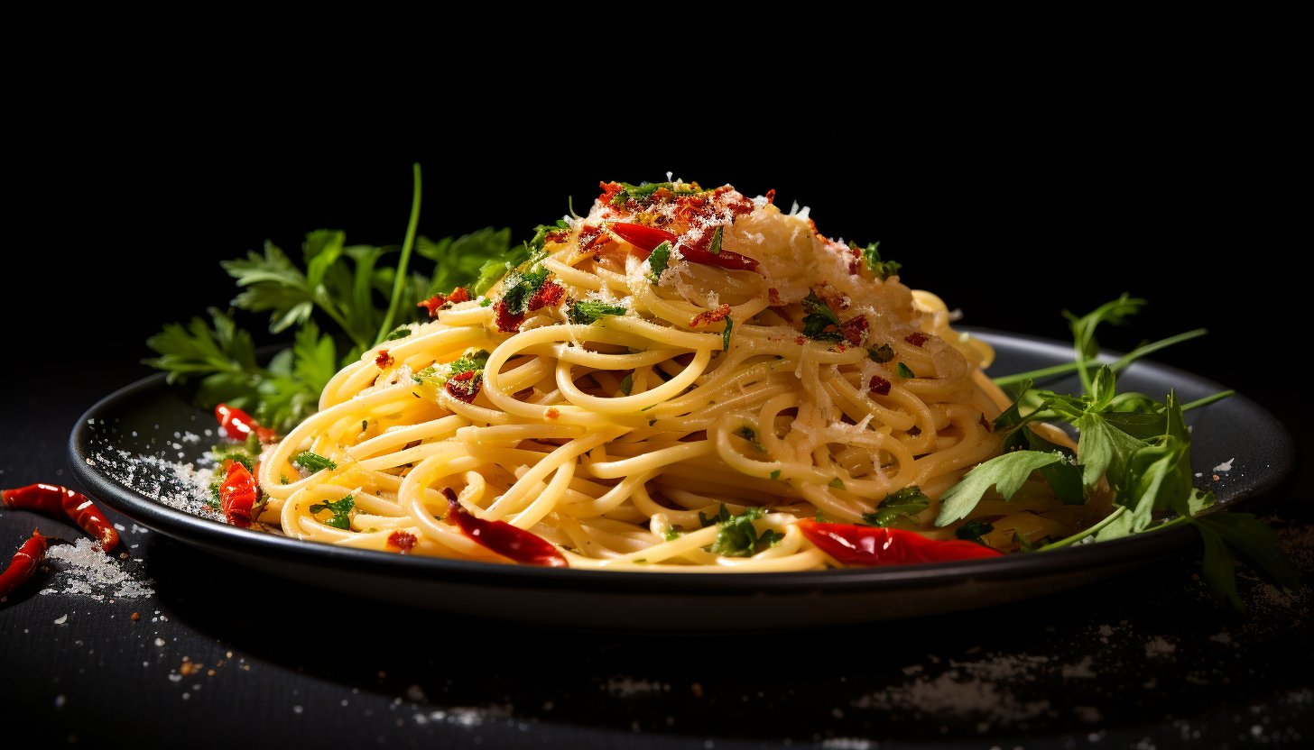 A plated serving of freshly cooked Spaghetti Aglio e Olio, topped with a generous amount of fresh parsley and a sprinkle of red pepper flakes, intricately crafted, 8k quality, shot with Leica M6 TTL and Leica 75mm 2.0 Summicron-M ASPH, Cinestill 800T