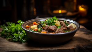 Appetizing Beef and Vegetable Soup served in a bowl with a rustic backdrop. The soup should look vibrant, steaming hot and inviting, with clearly visible chunks of beef and vegetables. Endeavor to capture an image that is intricately crafted, 8k quality, shot with Leica M6 TTL, Leica 75mm 2.0 Summicron-M ASPH, Cinestill 800T.