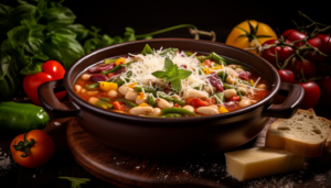 Hot, delicious bowl of Minestrone soup with fresh vegetables and beans, topped with grated Parmesan, intricately prepared, 8K quality, shot with Leica M6 TTL, Leica 75mm 2.0 Summicron-M ASPH, Cinestill 800T.