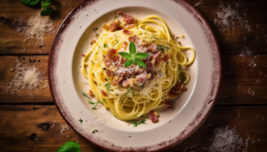 View from above, 8K image of the final Spaghetti alla Carbonara dish garnished with parmesan, placed on a rustic wooden table in a warm Italian kitchen