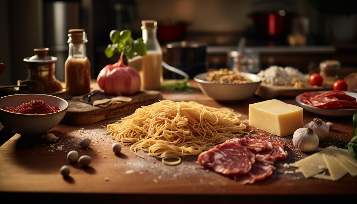 Quality, rendered 8K image of the Classic Spaghetti alla Carbonara ingredients laid out neatly, in bright, warm Italian kitchen, shot with Leica M6 TTL