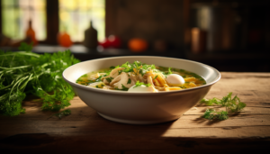 A warm serving of Chicken Noodle Soup in a white ceramic bowl placed against the backdrop of a rustic wooden table, with freshly plucked parsley resting on the side, intricately crafted, 8k quality, shot with Leica M6 TTL, Leica 75mm 2.0 Summicron-M ASPH, Cinestill 800T.