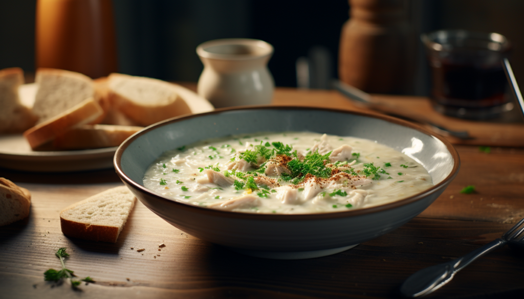 Hearty bowl of creamy chicken and rice soup with a spoon, set on a rustic table with a bread, intricately crafted, 8k quality, shot with Leica M6 TTL, Leica 75mm 2.0 Summicron-M ASPH, Cinestill 800T