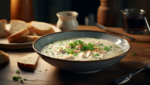 Hearty bowl of creamy chicken and rice soup with a spoon, set on a rustic table with a bread, intricately crafted, 8k quality, shot with Leica M6 TTL, Leica 75mm 2.0 Summicron-M ASPH, Cinestill 800T