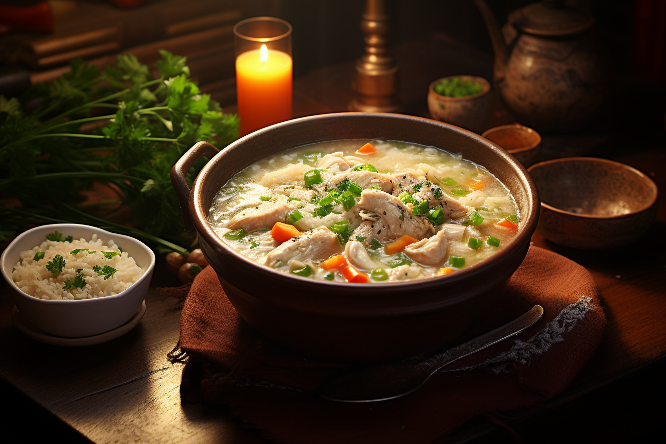 Steamy bowl of Creamy Chicken and Rice Soup, with pieces of chicken, rice and vegetables visible, creamy texture, shot in a cozy home setting, 8k quality, shot with Leica M6 TTL, Leica 75mm 2.0 Summicron-M ASPH, Cinestill 800T