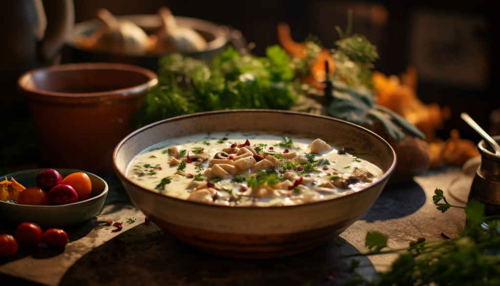 A close-up view of a bowl filled with Creamy Turkey and Wild Rice Soup, garnished with fresh herbs, surrounded by ingredients used in the recipe, perfectly rendered in 8K, exuding a warm and inviting aura, shot with Leica M6 TTL.