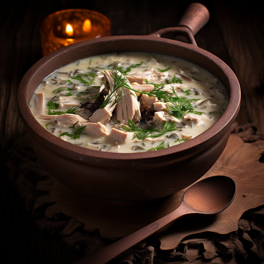 Warm bowl of Creamy Turkey and Wild Rice Soup, with a wooden ladle stowed within, steaming replete with aromatic flavors, meticulously pictured in 8K resolution, shot with a Leica M6 TTL.