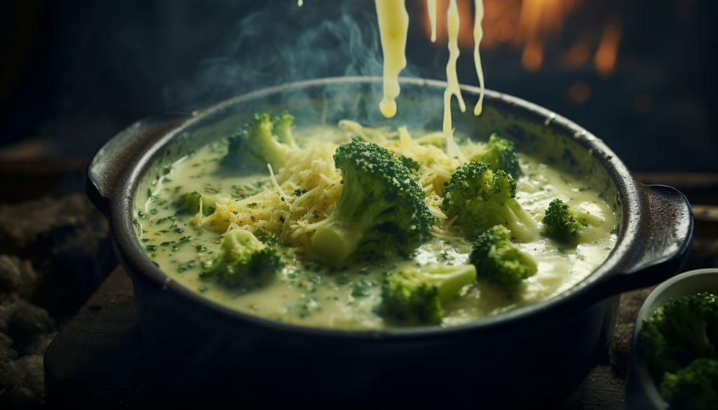 A typical crockpot, filled with our lush, creamy broccoli cheese soup. Steam rising and a generous topping of extra cheese is melting in, the colors of broccoli still popping vividly. Rendered in 8k, adding an element of fog for a moody vibe, shot with GoPro.