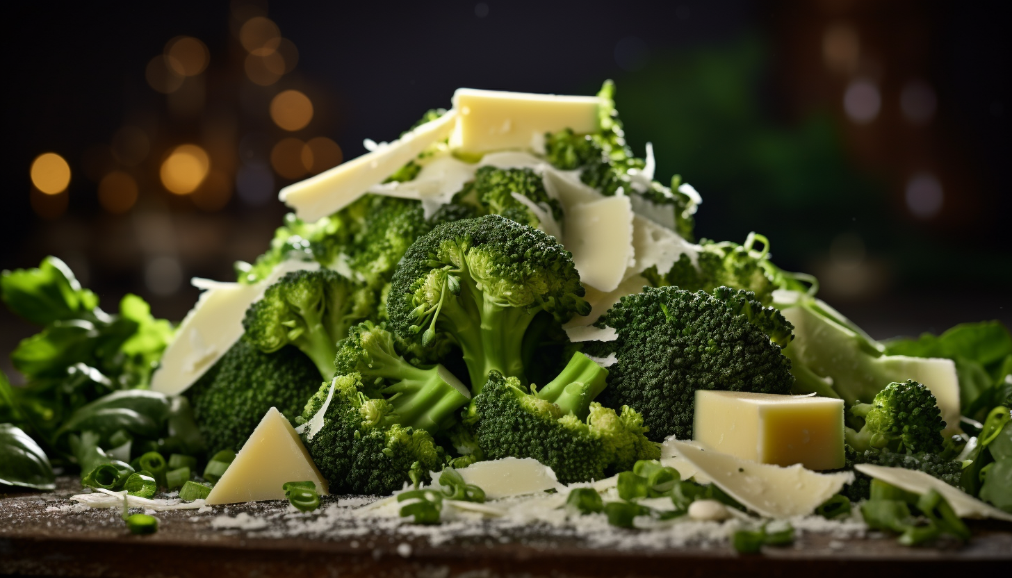 A lush, vibrant heap of fresh broccoli and grated cheese, prepped and ready for cooking. The image has been intricately crafted with 8k quality, and shot with Leica M6 TTL & Leica 75mm 2.0 Summicron-M ASPH, Cinestill 800T