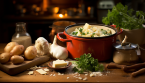 Rustic kitchen scene featuring a crockpot filled with steaming hot potato soup, a wooden ladle, fresh ingredients scattered around, evoking a sense of comfort and warmth, shot with Leica M6 TTL, Leica 75mm 2.0 Summicron-M ASPH, Cinestill 800T