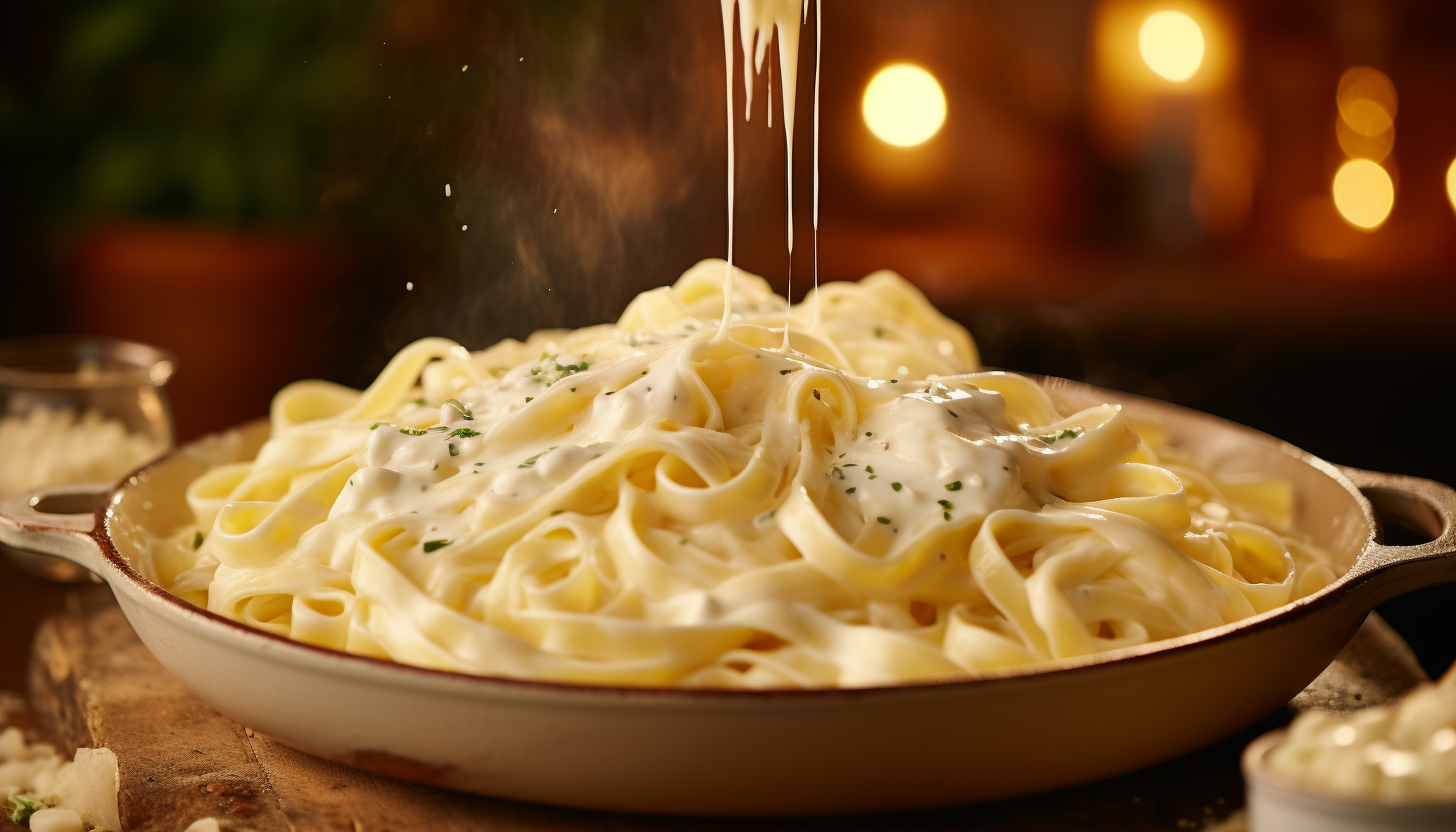 Pan filled with perfectly made Fettuccine Alfredo, sprinkled with an extra layer of parmesan cheese, teleporting viewers right into an Italian Trattoria