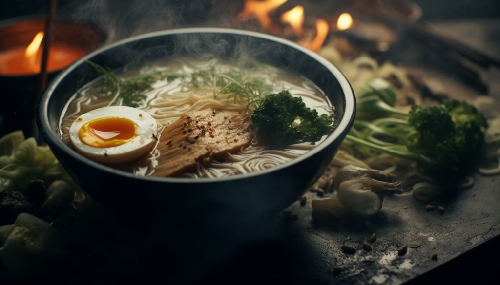 Above shot of ingredients for chicken ramen, rendered in 8K, adding an element of fog for a moody vibe, shot with GoPro.