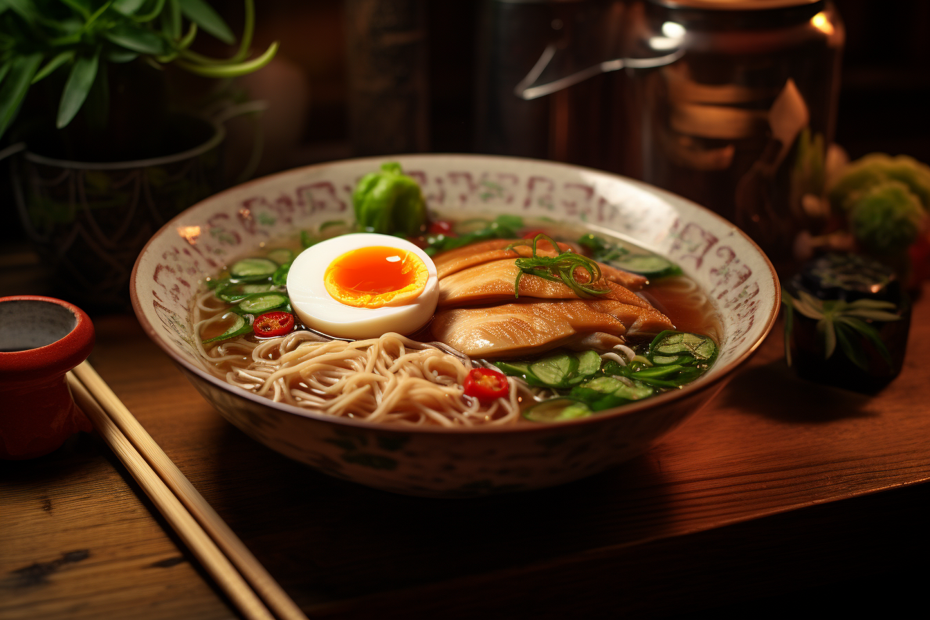 A warm, comforting bowl of homemade chicken ramen, intricately crafted, 8k quality, shot with Leica M6 TTL, Leica 75mm 2.0 Summicron-M ASPH, Cinestill 800T