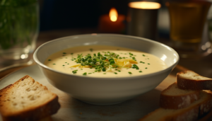 "Close-up of a creamy corn soup in a white ceramic bowl, garnished with fresh chives, accompanied by a warm slice of bread. Captured in 8K, intricately crafted with an element of fog for a moody vibe, shot with GoPro."