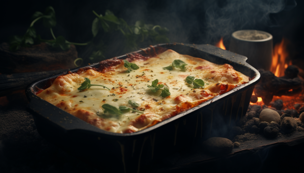 A portrait close-up of an Italian-style homemade lasagna served in a rustic baking dish, emphasizing its layers of sauces, cheeses, and noodles, rendered in 8K, adding an element of fog for a moody vibe, shot with GoPro.