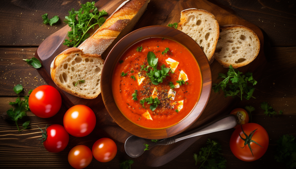 Overhead shot of homemade tomato soup served in a rustic bowl, placed on a wooden table with slices of bread and fresh vegetables around, enhancing the vibrant red of the soup, intricately crafted, 8k quality, shot with Leica M6 TTL, Leica 75mm 2.0 Summicron-M ASPH, Cinestill 800T.