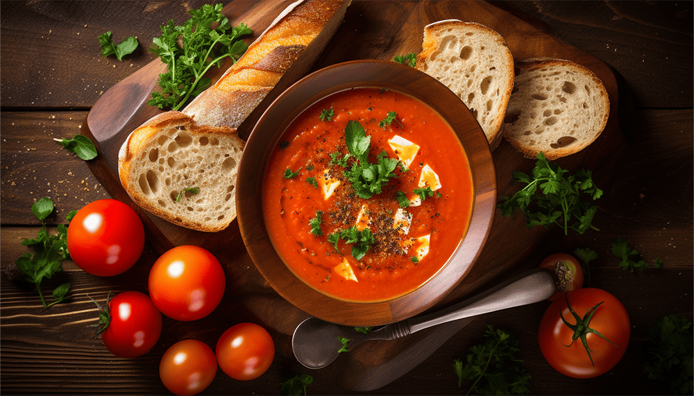 Overhead shot of homemade tomato soup served in a rustic bowl, placed on a wooden table with slices of bread and fresh vegetables around, enhancing the vibrant red of the soup, intricately crafted, 8k quality, shot with Leica M6 TTL, Leica 75mm 2.0 Summicron-M ASPH, Cinestill 800T.