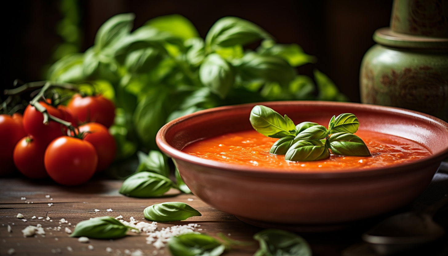 Close-up of homemade tomato soup in a ceramic bowl, adorned with a sprig of fresh basil, showing off its rustic simplicity and vibrant color, 8k quality, shot with Leica M6 TTL.