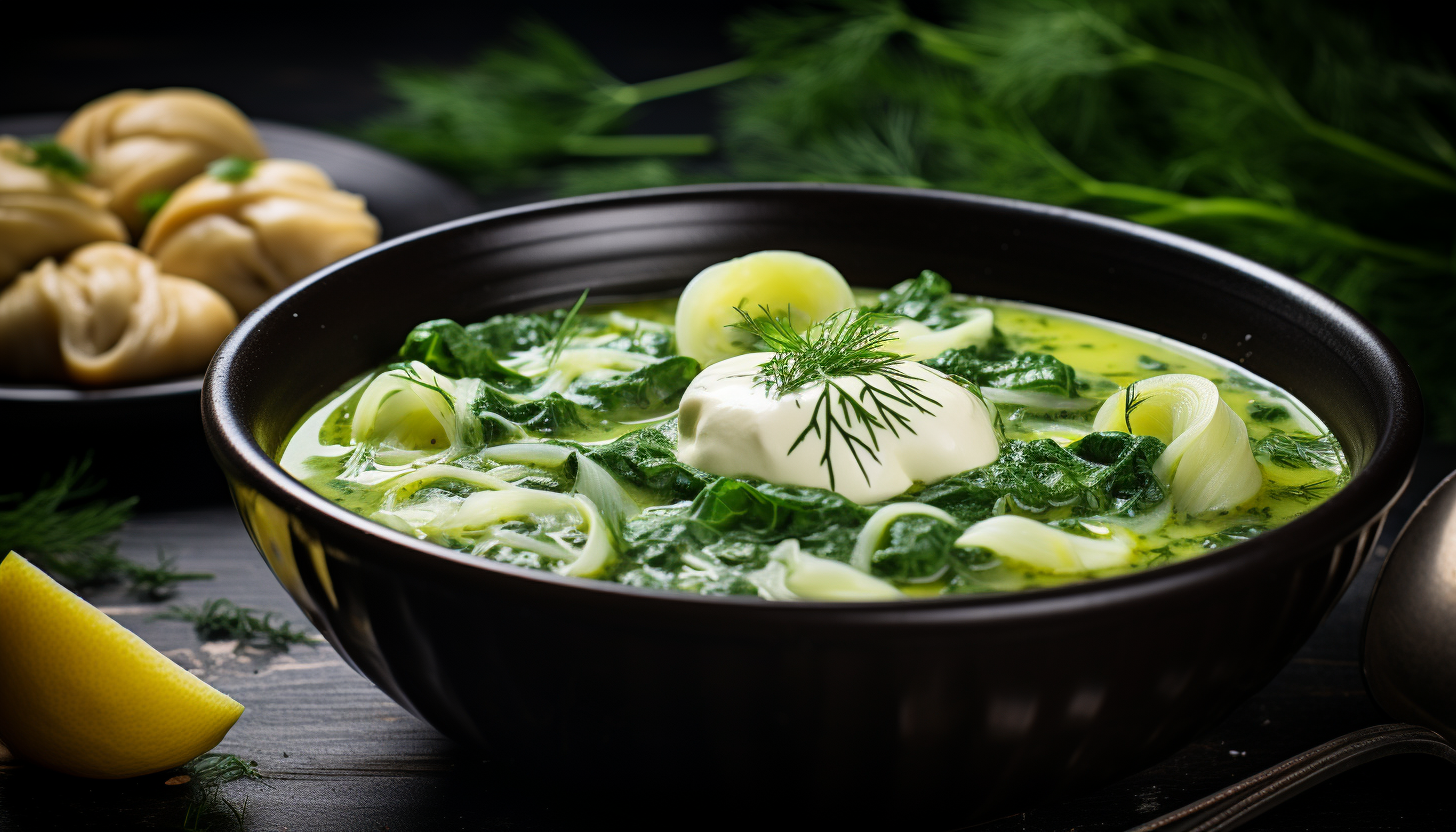 Delightful and aromatic Lemony Tortellini Soup With Spinach and Dill, captured in 8K photography, adding depth and detail with a sprinkle of dill, shot with Leica M6 TTL & Leica 75mm 2.0 Summicron-M ASPH, Cinestill 800T