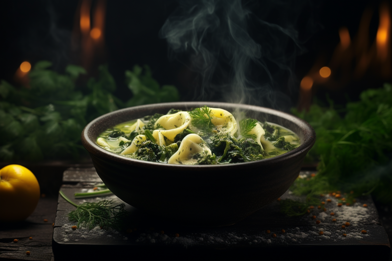 A vibrant and tantalizingly aromatic bowl of Lemony Tortellini Soup with Spinach and Dill, carefully rendered in 8K, adding an element of fog for a moody vibe, shot with GoPro.