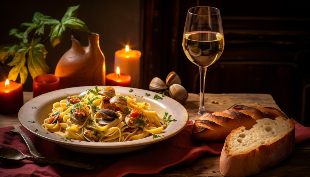 A top view shot of Linguine with clams on a plate, served with a good quality white wine in a clear glass and a slice of crusty bread on a rustic table. The shot should bring out the rich colours of the dish and encompass the entire setting. The picture has been rendered in 8K, adding an element of fog for a moody vibe, shot with GoPro.