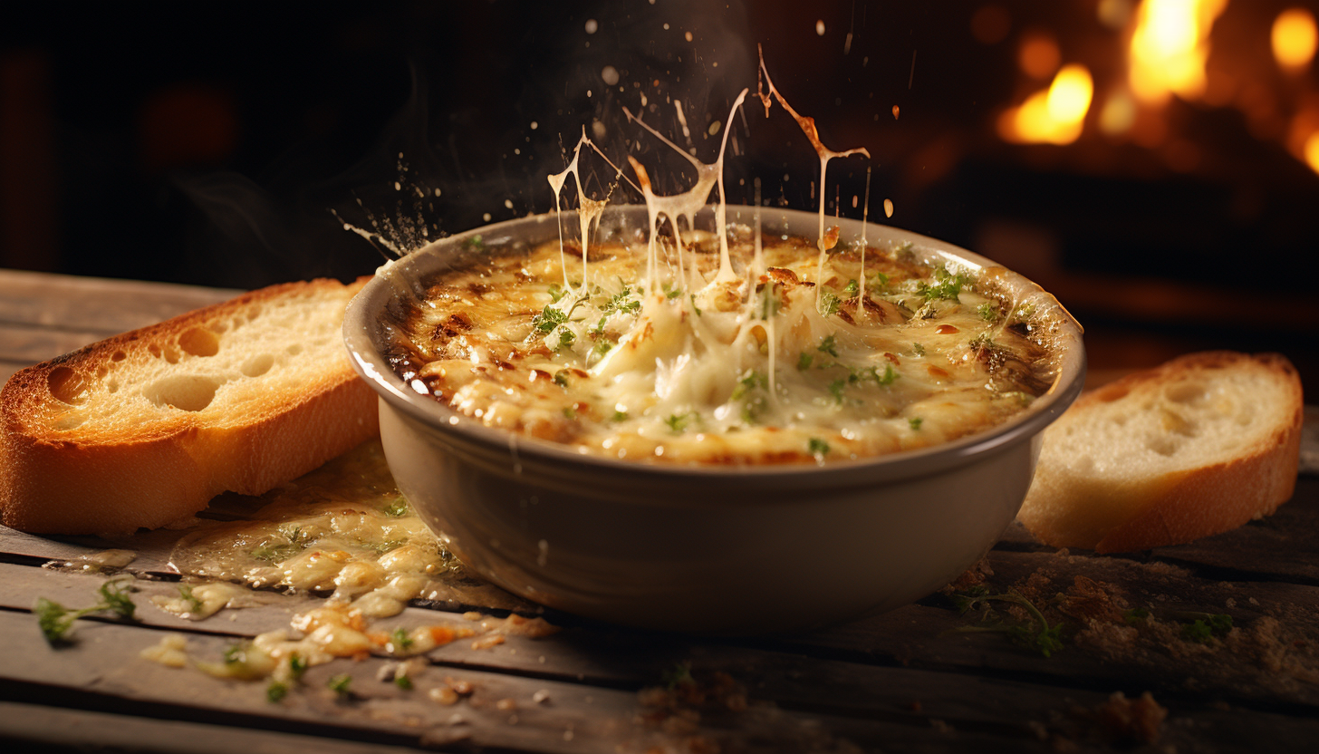 Rich, golden layers of melted Gruyère cheese atop French Onion Soup in a rustic bowl with toasted Baguette and onions on side, rendered in 8K, adding an element of fog for a moody vibe, shot with GoPro.