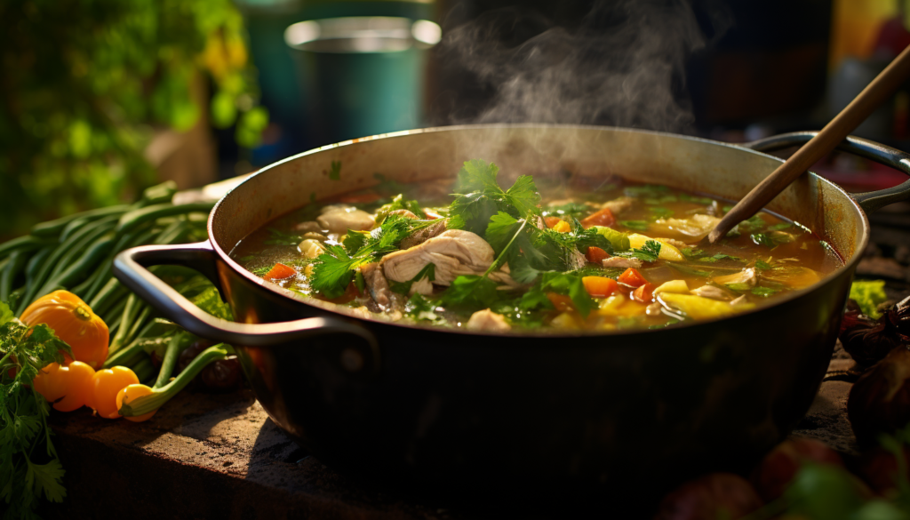 Up close view of a simmering pot of chicken and vegetable soup, displaying vibrant colors of the garden fresh vegetables used, steam rising to reveal it's piping hot and fresh. The background shows a rustic kitchen setting, 8k quality, shot with Leica M6 TTL, Leica 75mm 2.0 Summicron-M ASPH, Cinestill 800T.