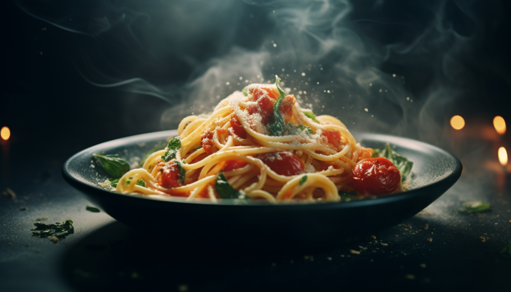 Pasta Arrabbiata in action, captured as if hovering above the dish, emphasizing the bright colors and tempting aroma, rendered in 8K, adding an element of fog for a moody vibe, shot with GoPro