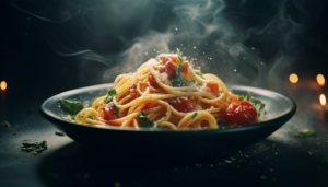 Pasta Arrabbiata in action, captured as if hovering above the dish, emphasizing the bright colors and tempting aroma, rendered in 8K, adding an element of fog for a moody vibe, shot with GoPro