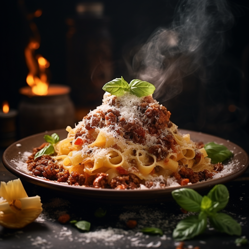 Steaming plate of freshly made Pasta Bolognese, intricately crafted, 8k quality, shot with Leica M6 TTL, Leica 75mm 2.0 Summicron-M ASPH, Cinestill 800T