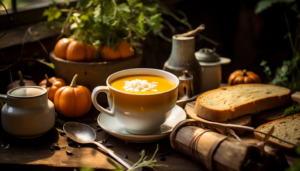 High quality image of a freshly brewed pumpkin soup in a rustic setting, shot with Leica M6 TTL, Leica 75mm 2.0 Summicron-M ASPH, Cinestill 800T