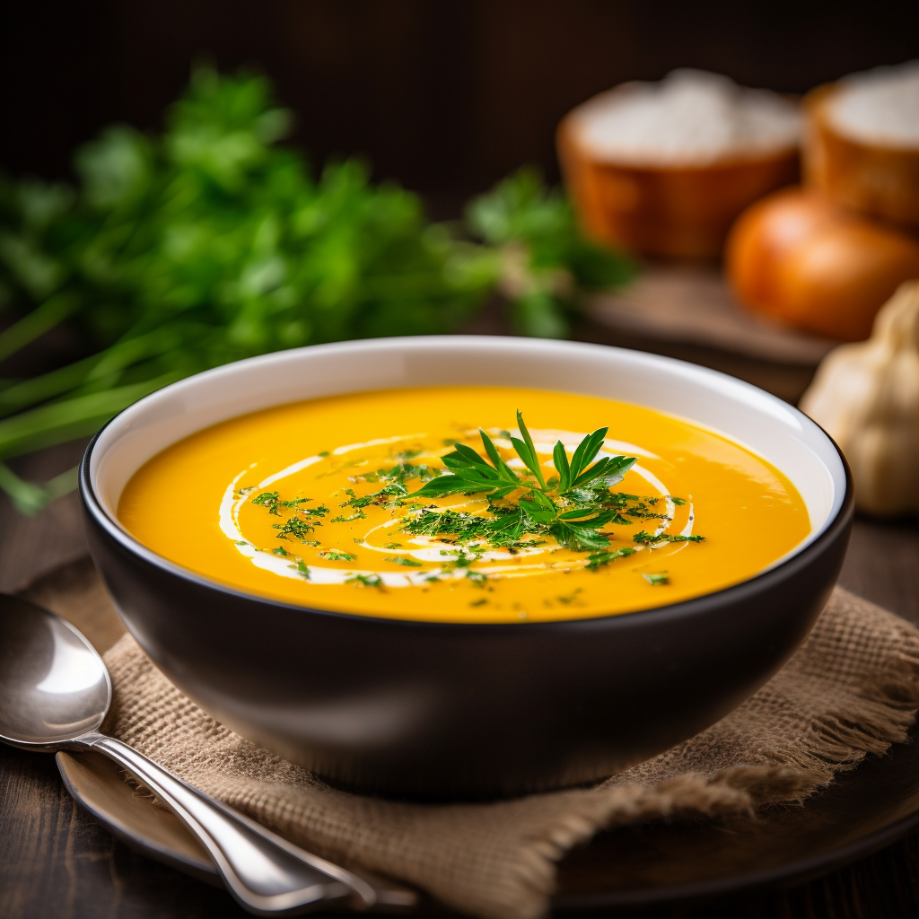 Detailed image of orange pumpkin soup served in a white bowl, garnished with fresh parsley, shot in 8K quality against a rustic wooden backdrop