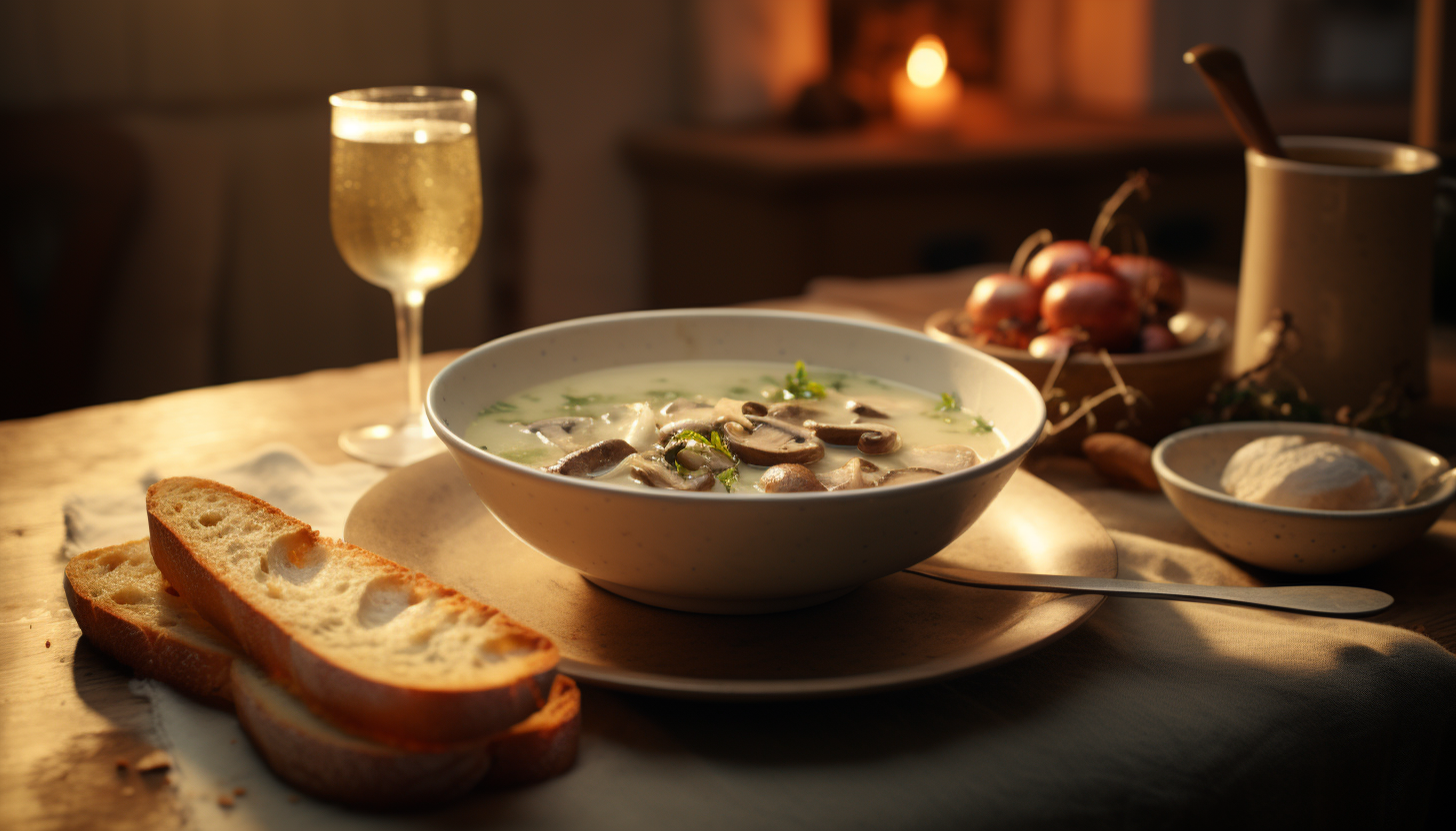 "Plated Mushroom Soup with Sherry, ready to be served with crusty bread on the side, in soft lighting environment depicting warmth and comfort, 8k render, adding an element of fog for a moody vibe, shot with GoPro"