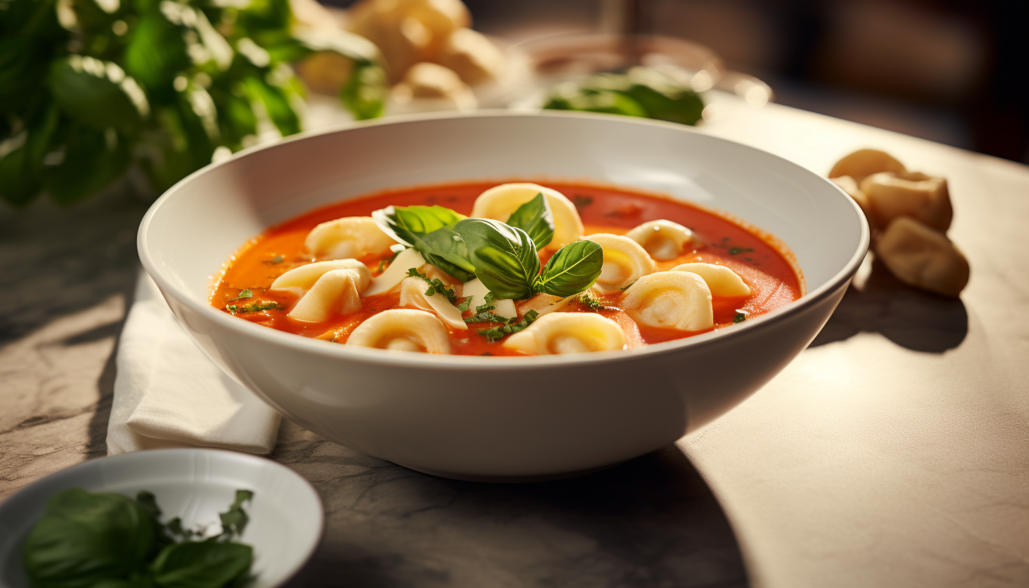 A serving of tomato tortellini soup, garnished with fresh basil leaves and parmesan cheese, prepared in a white bowl, shot in an 8K quality artistic set-up.