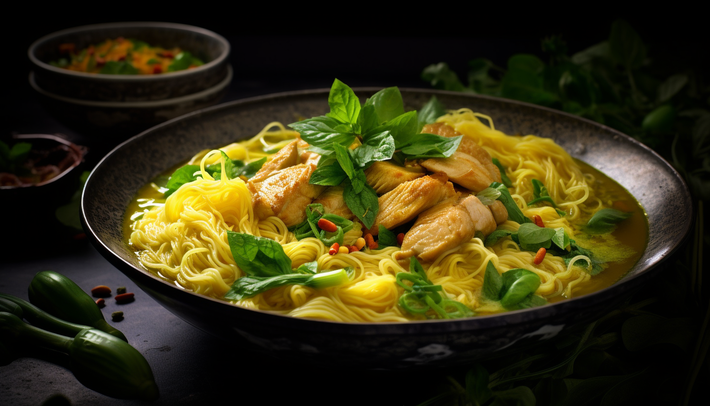 High resolution shot of the Turmeric-Ginger Noodles Chicken Soup, focusing on the rich color of the broth and the combination of ingredients, rendered in 8K, shot with Leica M6 TTL